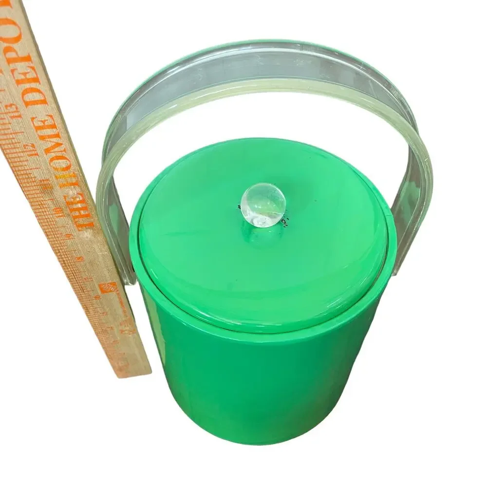 Mid Century Ice Bucket Lucite Handle & Knob Green Padded Vinyl Vintage FLAW